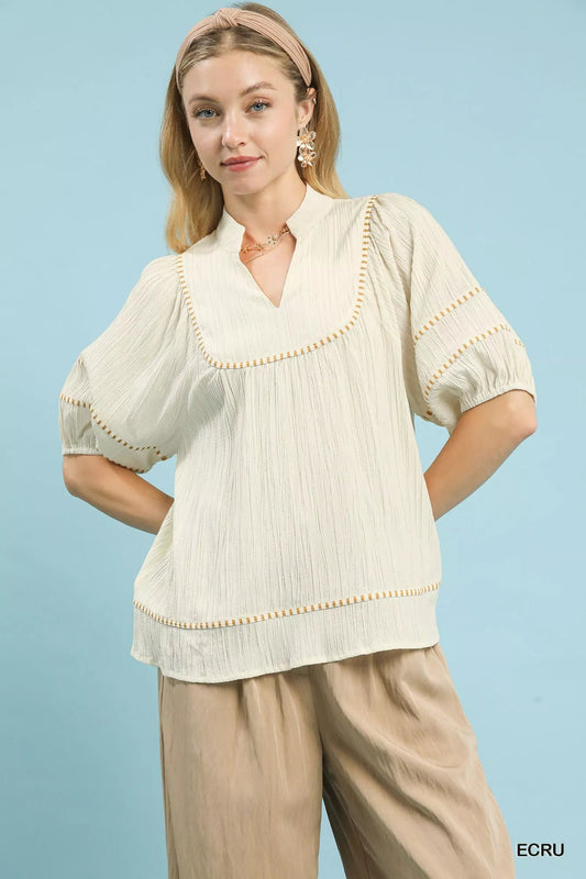 Umgee Textured Short Sleeve Top with Contrast Trim - Bitsy Gypsy Boutique