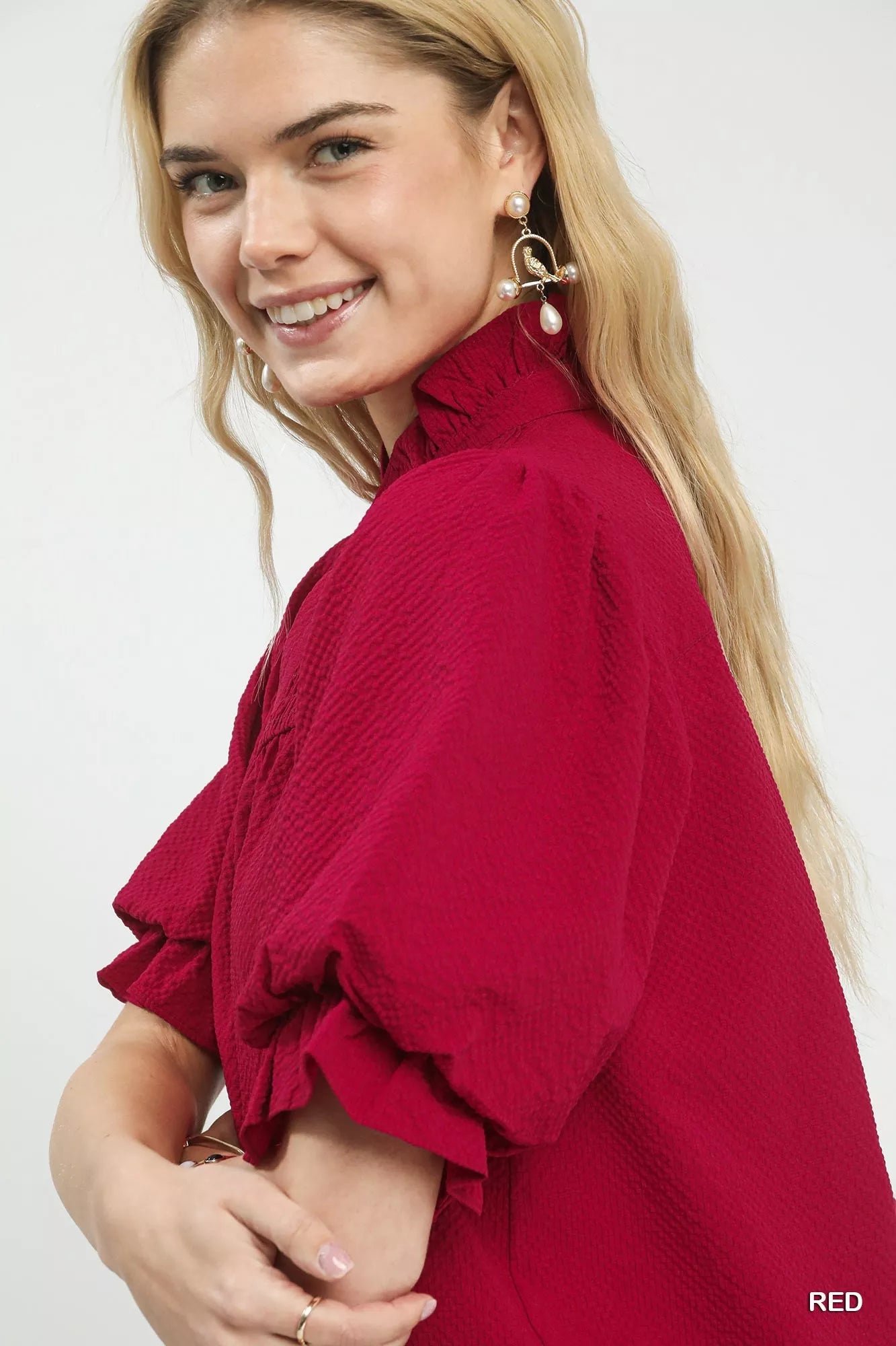 Umgee Textured Smocked Yoke Split - Neck Top - Bitsy Gypsy Boutique
