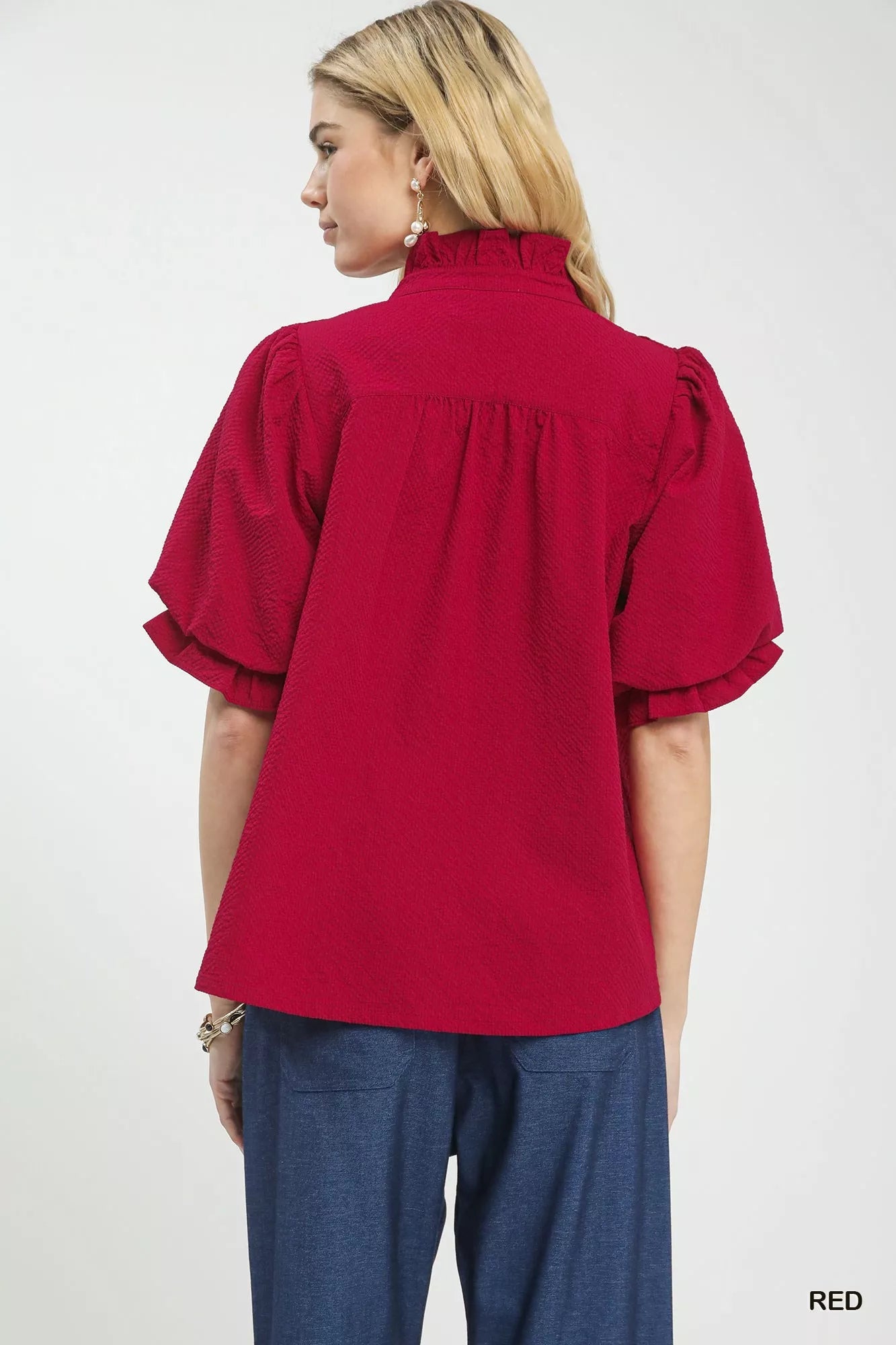 Umgee Textured Smocked Yoke Split - Neck Top - Bitsy Gypsy Boutique