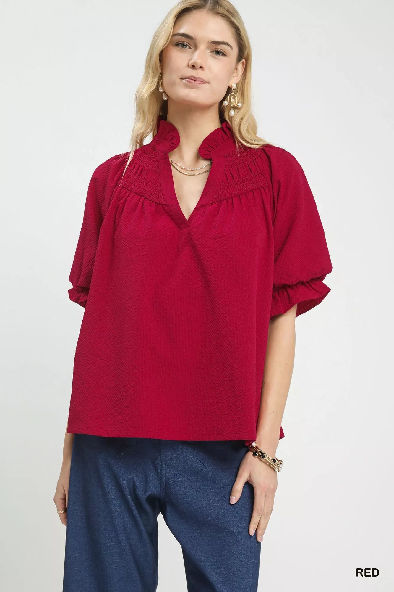 Umgee Textured Smocked Yoke Split - Neck Top - Bitsy Gypsy Boutique