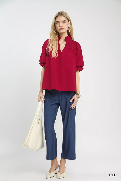 Umgee Textured Smocked Yoke Split - Neck Top - Bitsy Gypsy Boutique