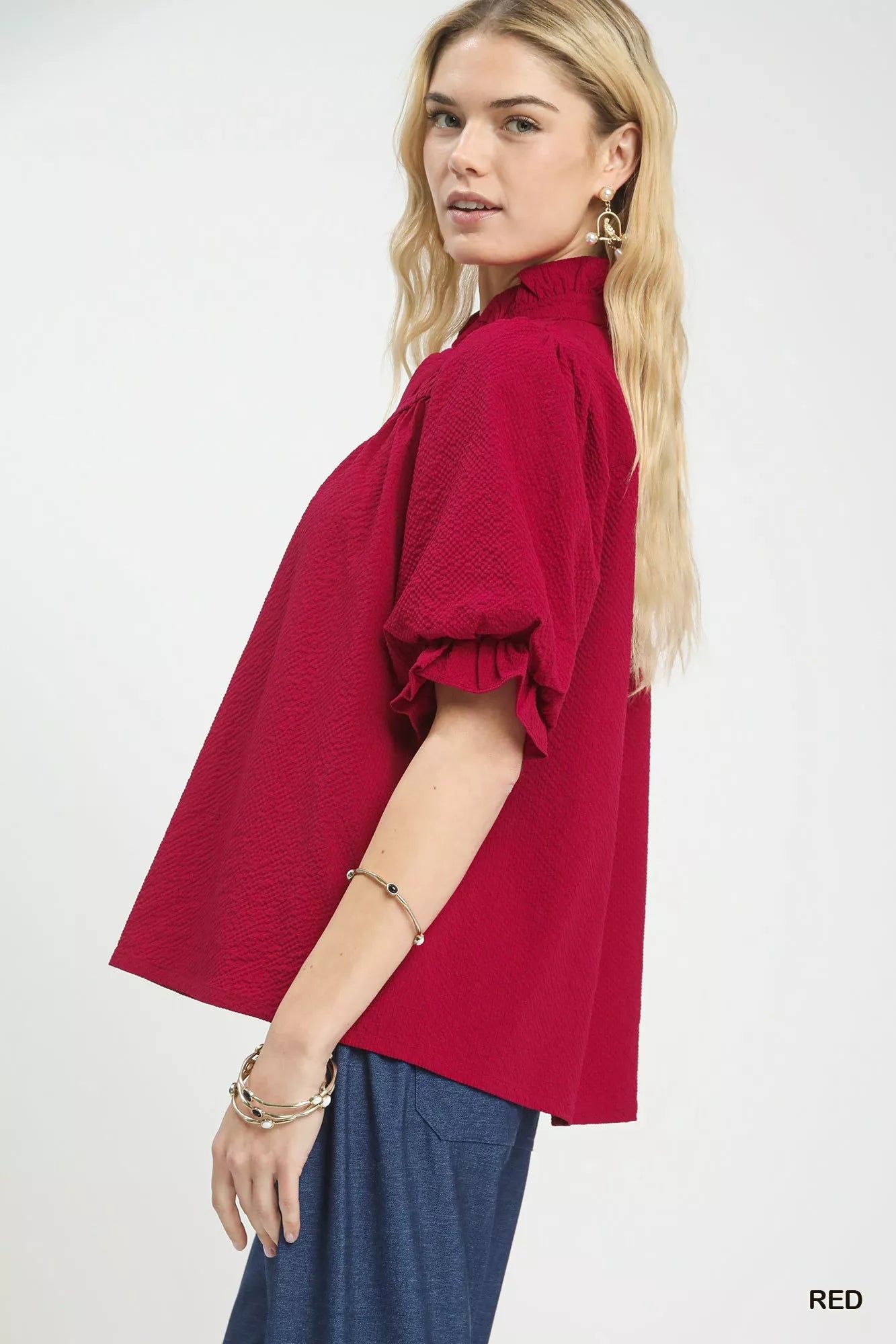 Umgee Textured Smocked Yoke Split - Neck Top - Bitsy Gypsy Boutique