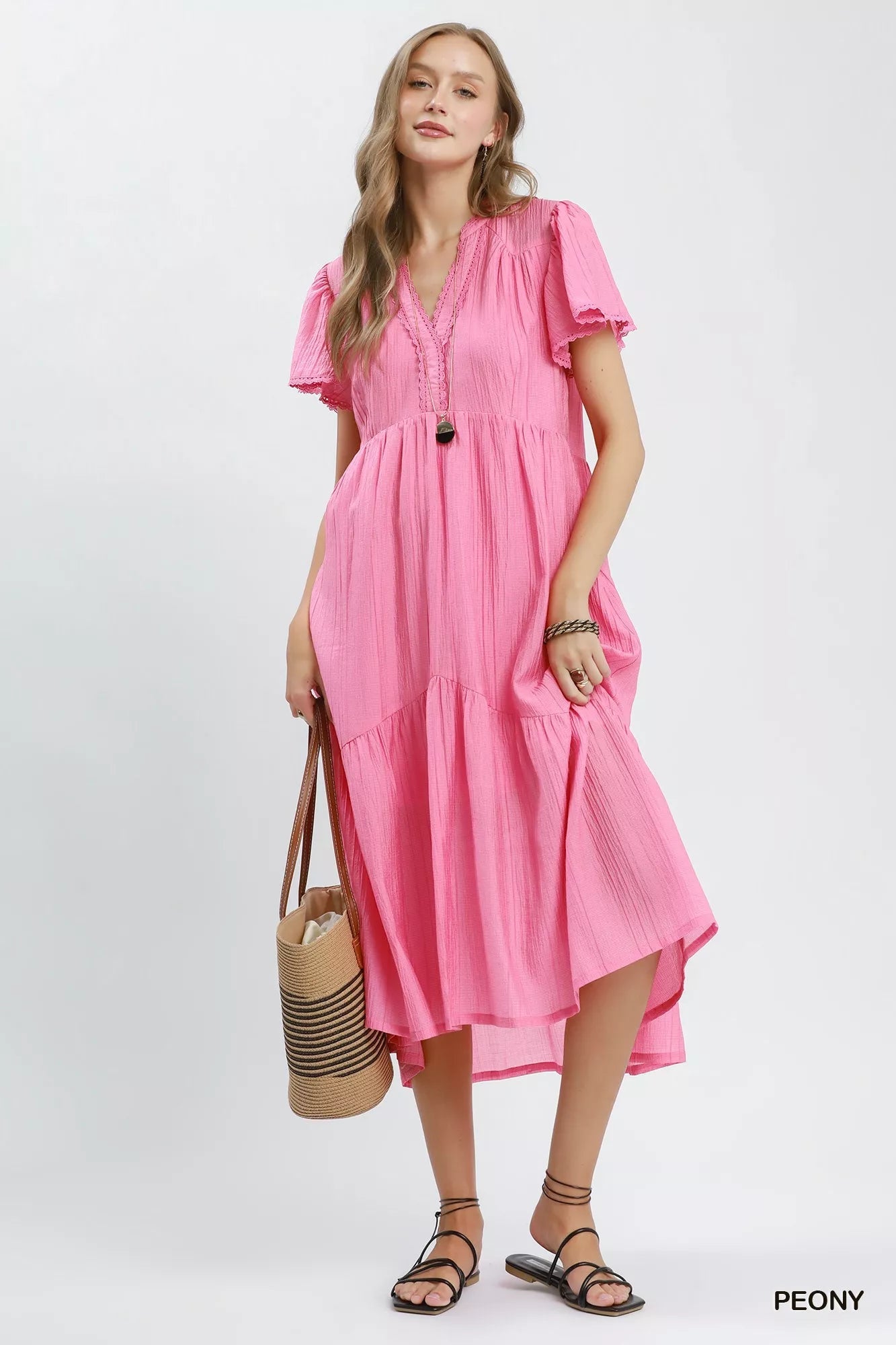 Umgee Textured Tiered Midi Dress with Side Pockets - Bitsy Gypsy Boutique