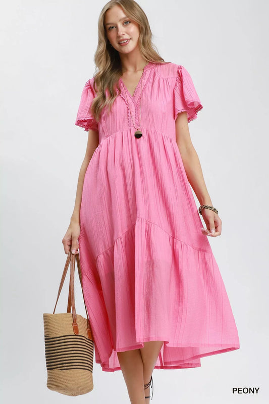 Umgee Textured Tiered Midi Dress with Side Pockets - Bitsy Gypsy Boutique