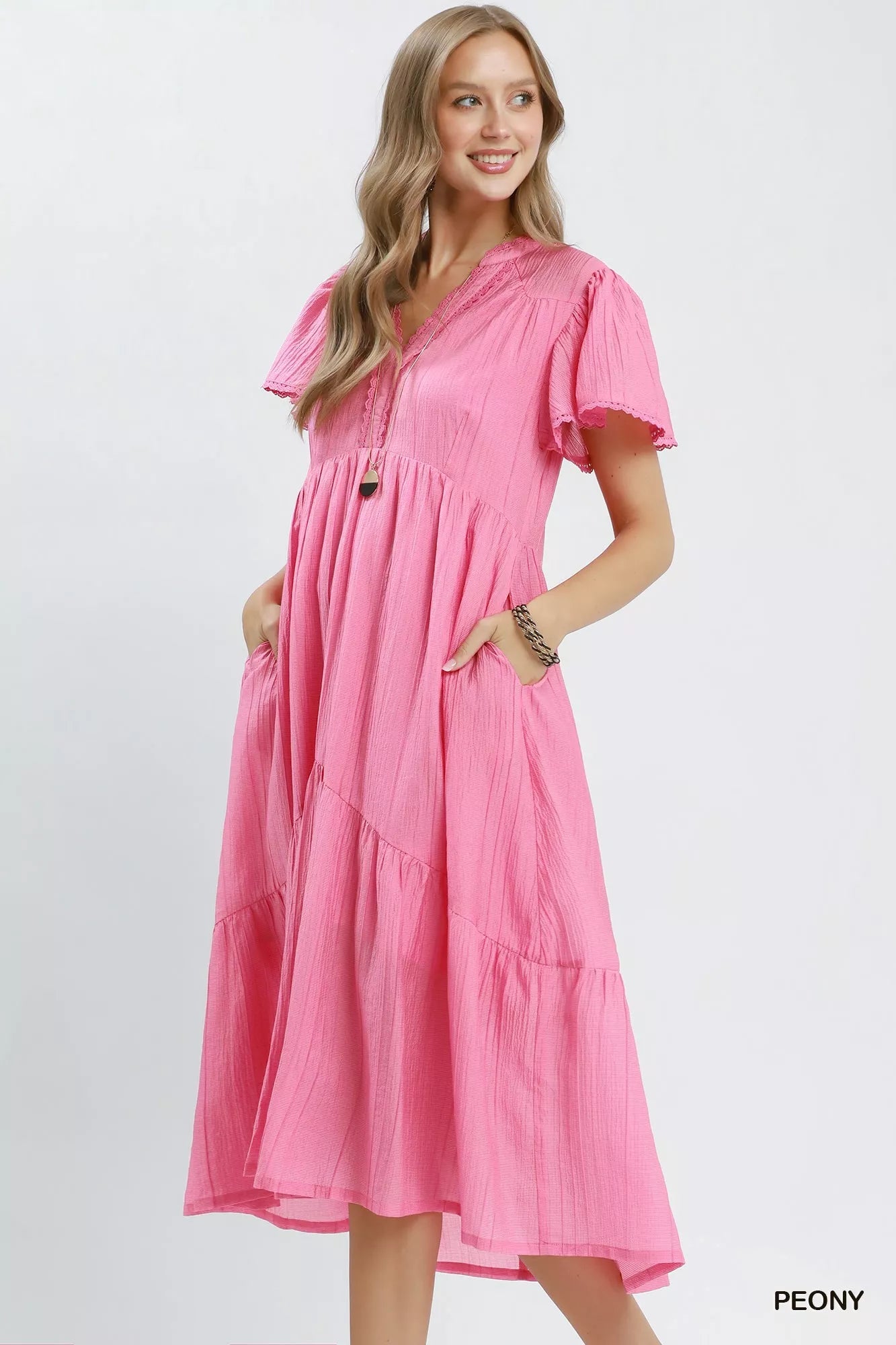 Umgee Textured Tiered Midi Dress with Side Pockets - Bitsy Gypsy Boutique