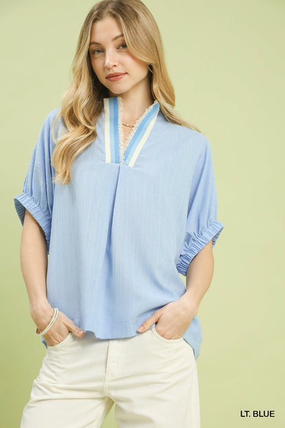 Umgee Textured V - Neck Blouse - Bitsy Gypsy Boutique