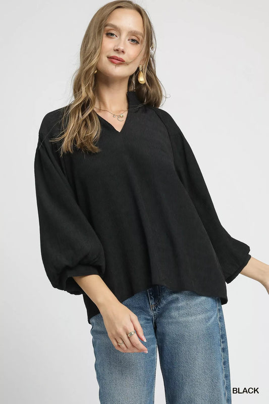 Umgee Textured V - Neck Blouse with Balloon Sleeves - Bitsy Gypsy Boutique