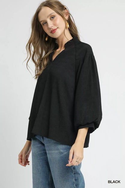 Umgee Textured V - Neck Blouse with Balloon Sleeves - Bitsy Gypsy Boutique
