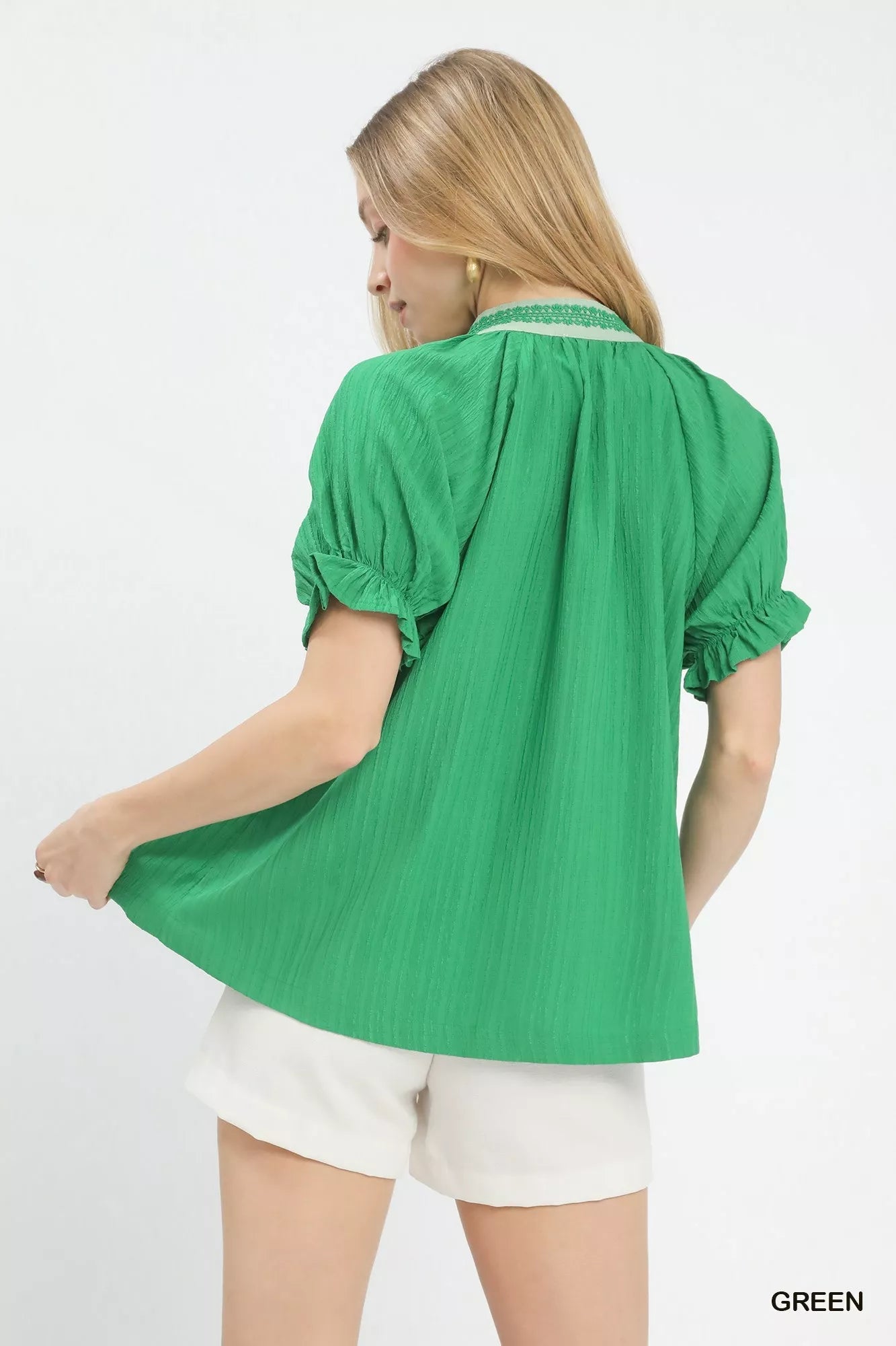 Umgee Textured V - Neck Top with Lace Trim Details - Bitsy Gypsy Boutique