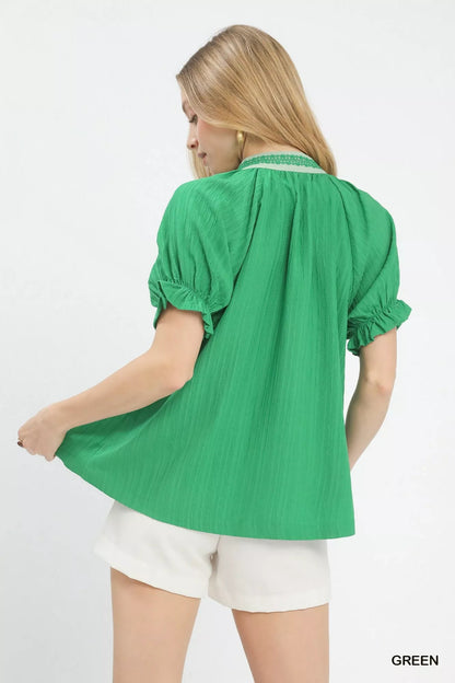 Umgee Textured V - Neck Top with Lace Trim Details - Bitsy Gypsy Boutique