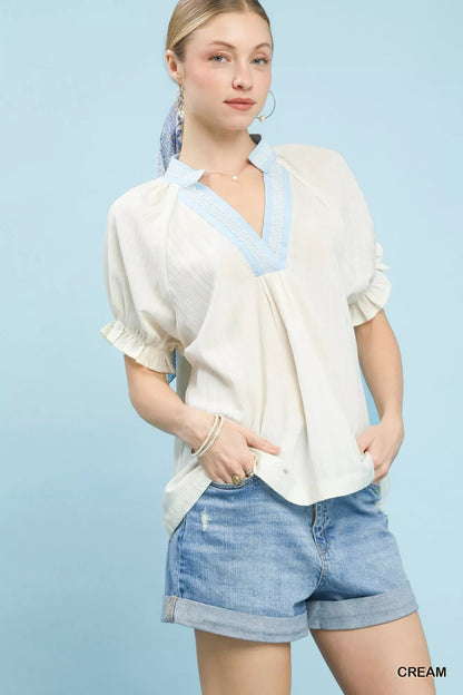 Umgee Textured V - Neck Top with Lace Trim Details - Bitsy Gypsy Boutique