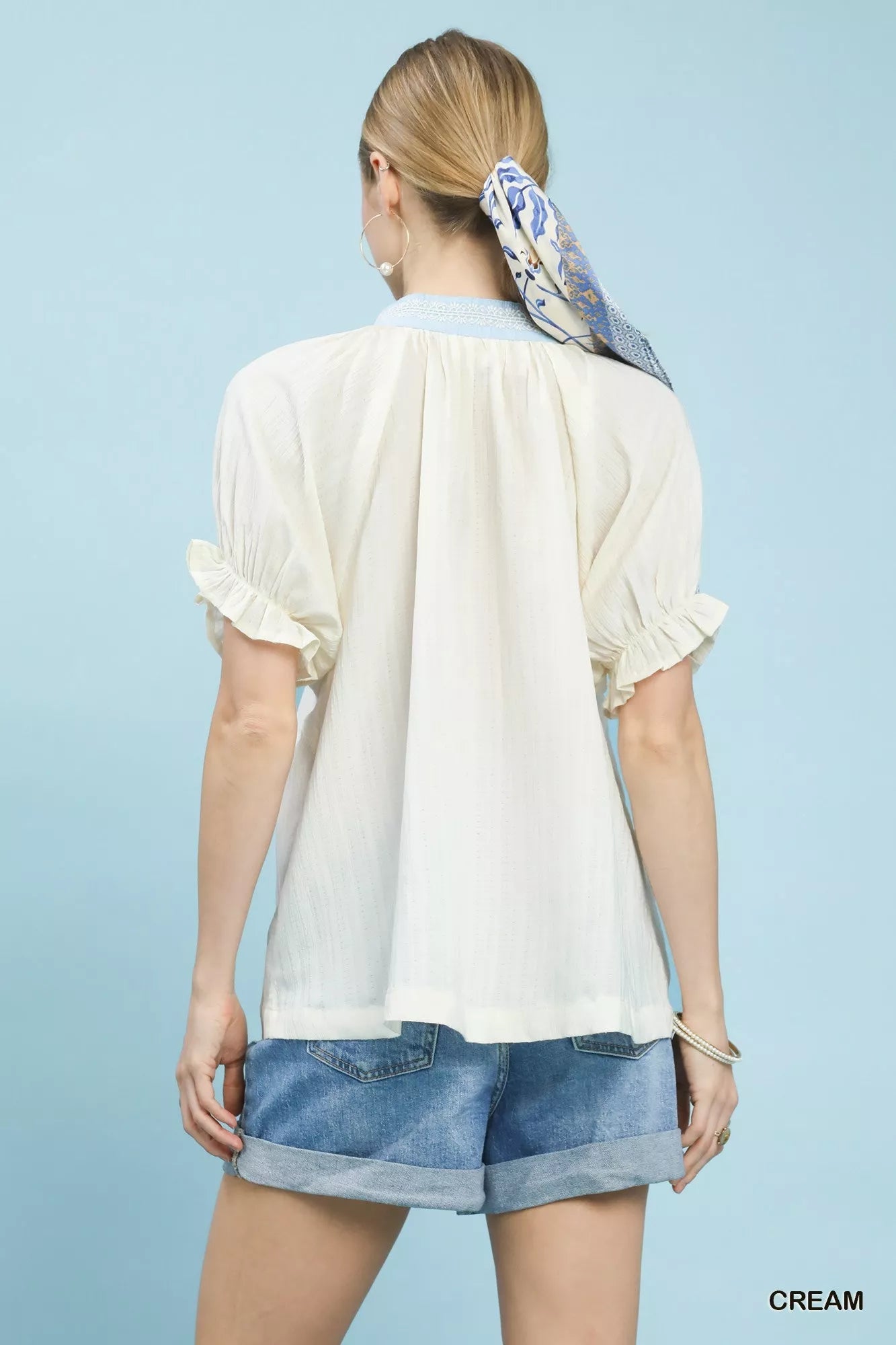 Umgee Textured V - Neck Top with Lace Trim Details - Bitsy Gypsy Boutique