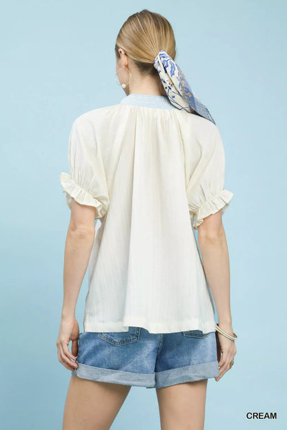 Umgee Textured V - Neck Top with Lace Trim Details - Bitsy Gypsy Boutique