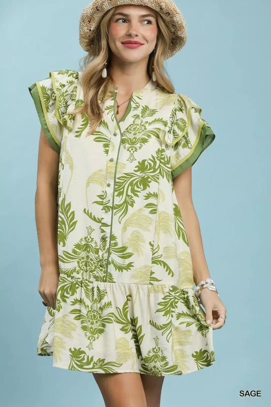 Umgee Toile Print Button - Front Placket Mini Dress with Dropped Ruffle Hem - Bitsy Gypsy Boutique