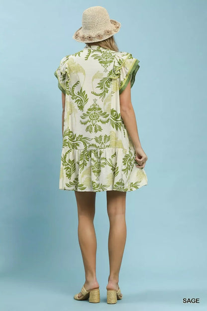 Umgee Toile Print Button - Front Placket Mini Dress with Dropped Ruffle Hem - Bitsy Gypsy Boutique