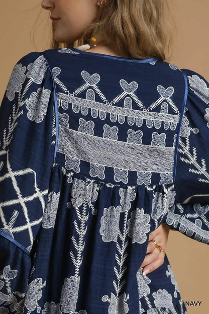 Umgee Tribal Print Dress with Tie Neck - Bitsy Gypsy Boutique