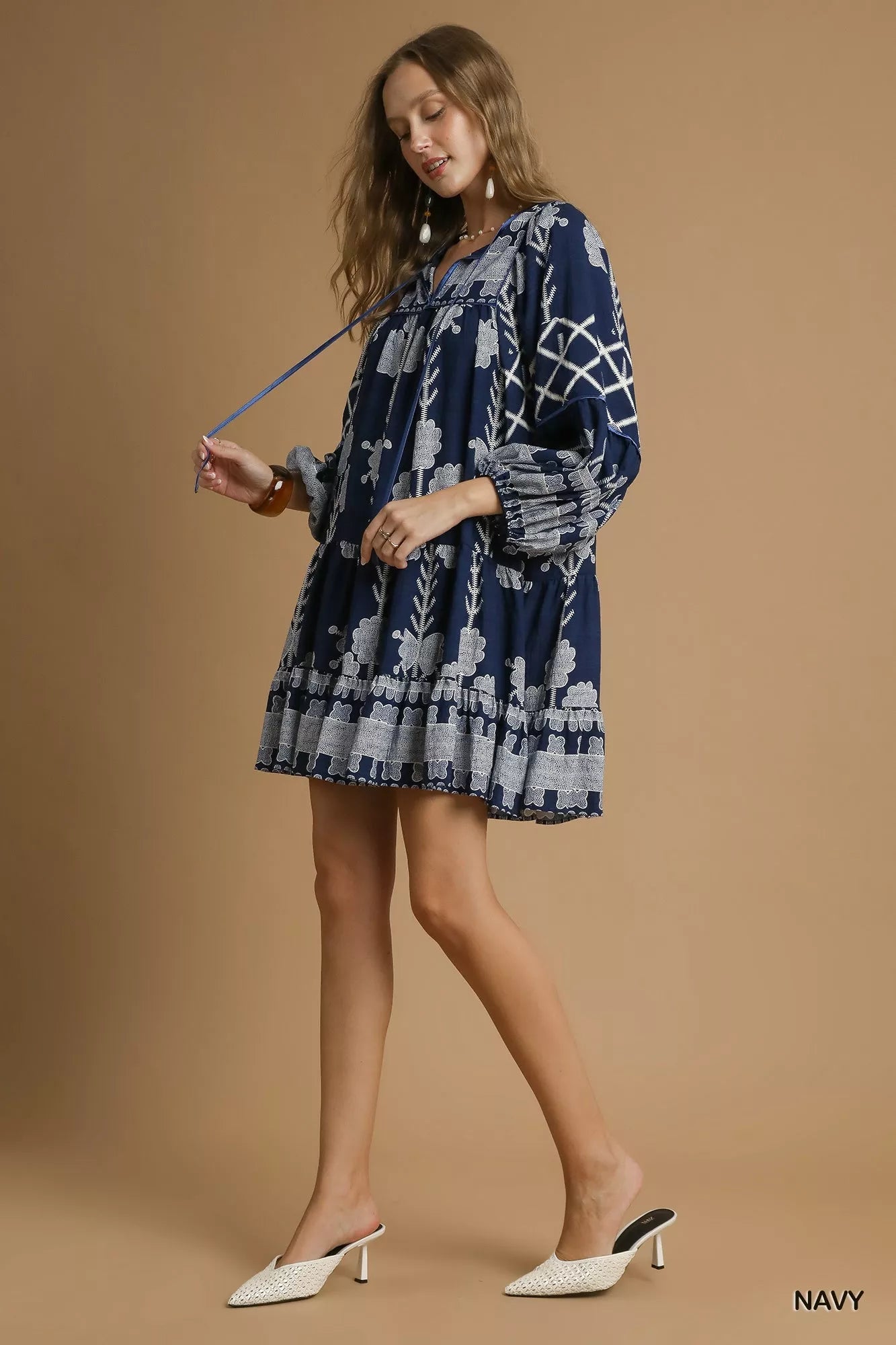 Umgee Tribal Print Dress with Tie Neck - Bitsy Gypsy Boutique