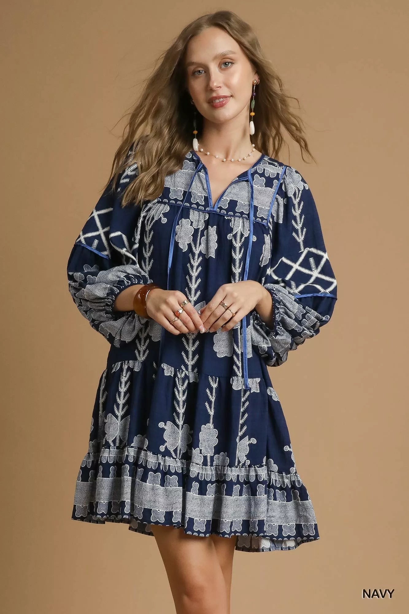 Umgee Tribal Print Dress with Tie Neck - Bitsy Gypsy Boutique