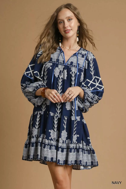 Umgee Tribal Print Dress with Tie Neck - Bitsy Gypsy Boutique