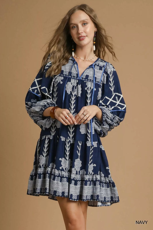 Umgee Tribal Print Dress with Tie Neck - Bitsy Gypsy Boutique