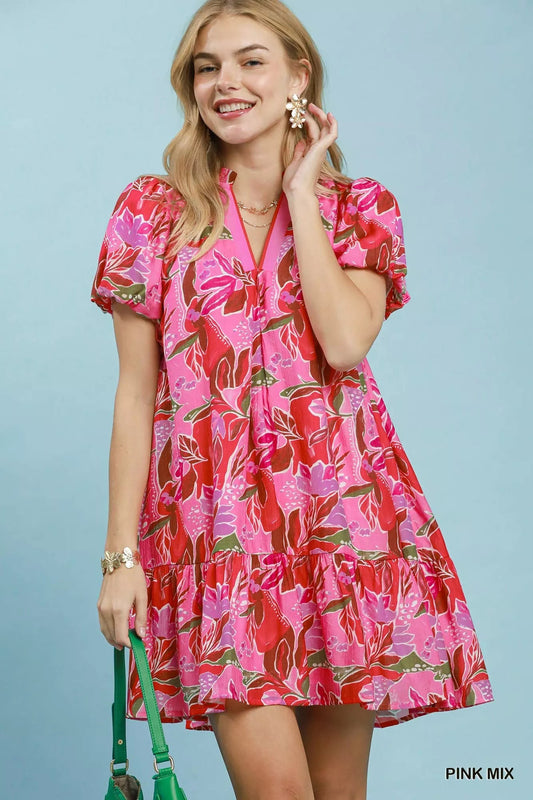 Umgee Tropical Floral Puff Sleeve Tiered Mini Dress - Bitsy Gypsy Boutique