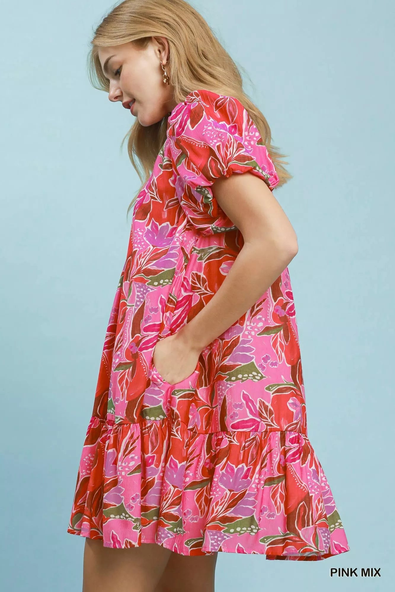 Umgee Tropical Floral Puff Sleeve Tiered Mini Dress - Bitsy Gypsy Boutique