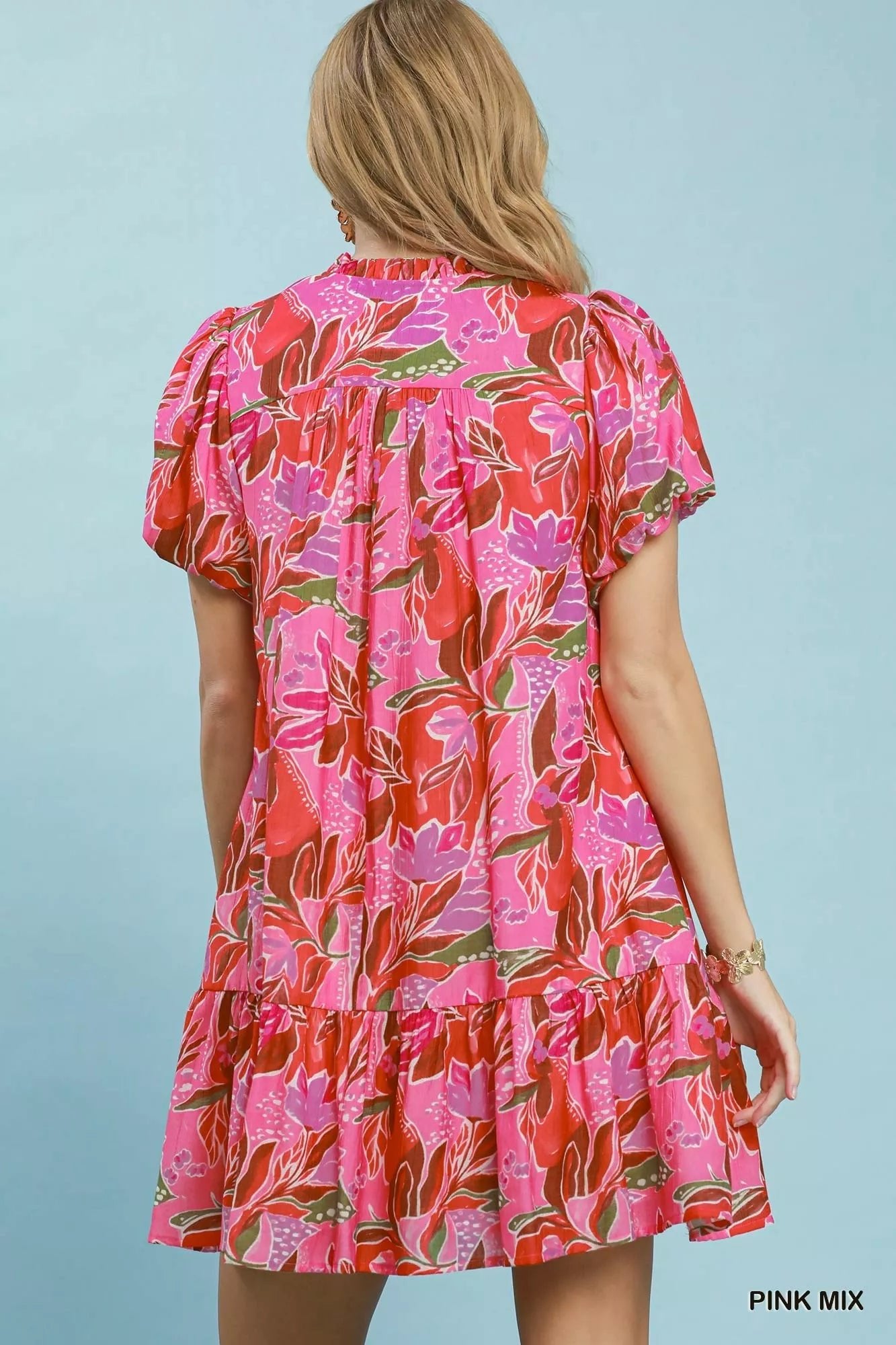Umgee Tropical Floral Puff Sleeve Tiered Mini Dress - Bitsy Gypsy Boutique