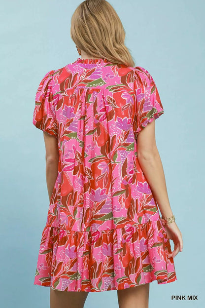 Umgee Tropical Floral Puff Sleeve Tiered Mini Dress - Bitsy Gypsy Boutique