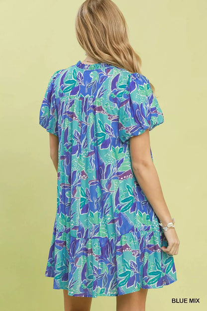 Umgee Tropical Floral Puff Sleeve Tiered Mini Dress - Bitsy Gypsy Boutique