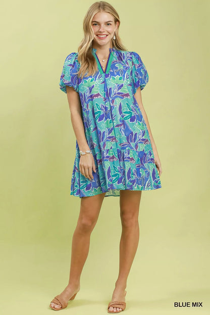 Umgee Tropical Floral Puff Sleeve Tiered Mini Dress - Bitsy Gypsy Boutique