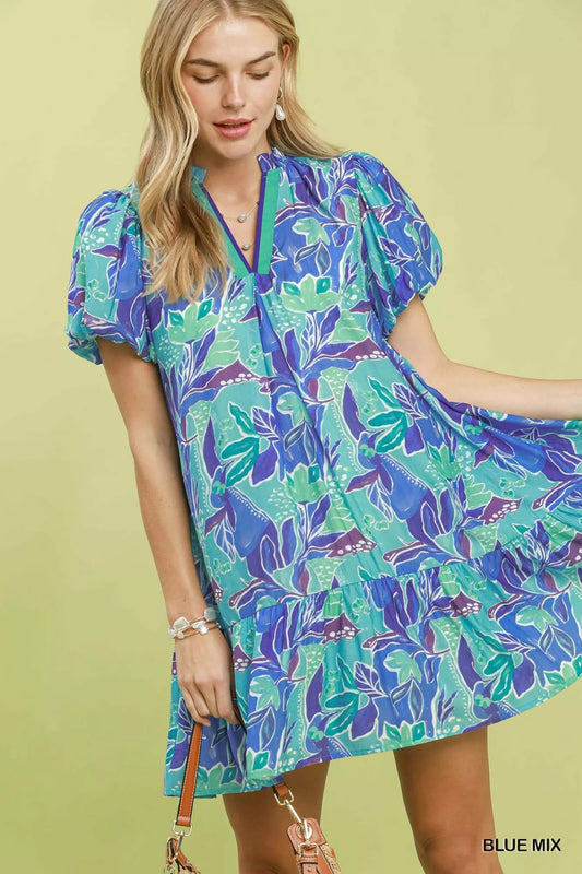 Umgee Tropical Floral Puff Sleeve Tiered Mini Dress - Bitsy Gypsy Boutique