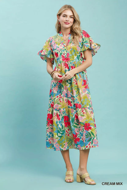 Umgee Tropical Floral Ruffle Sleeve Tiered Midi Dress - Bitsy Gypsy Boutique