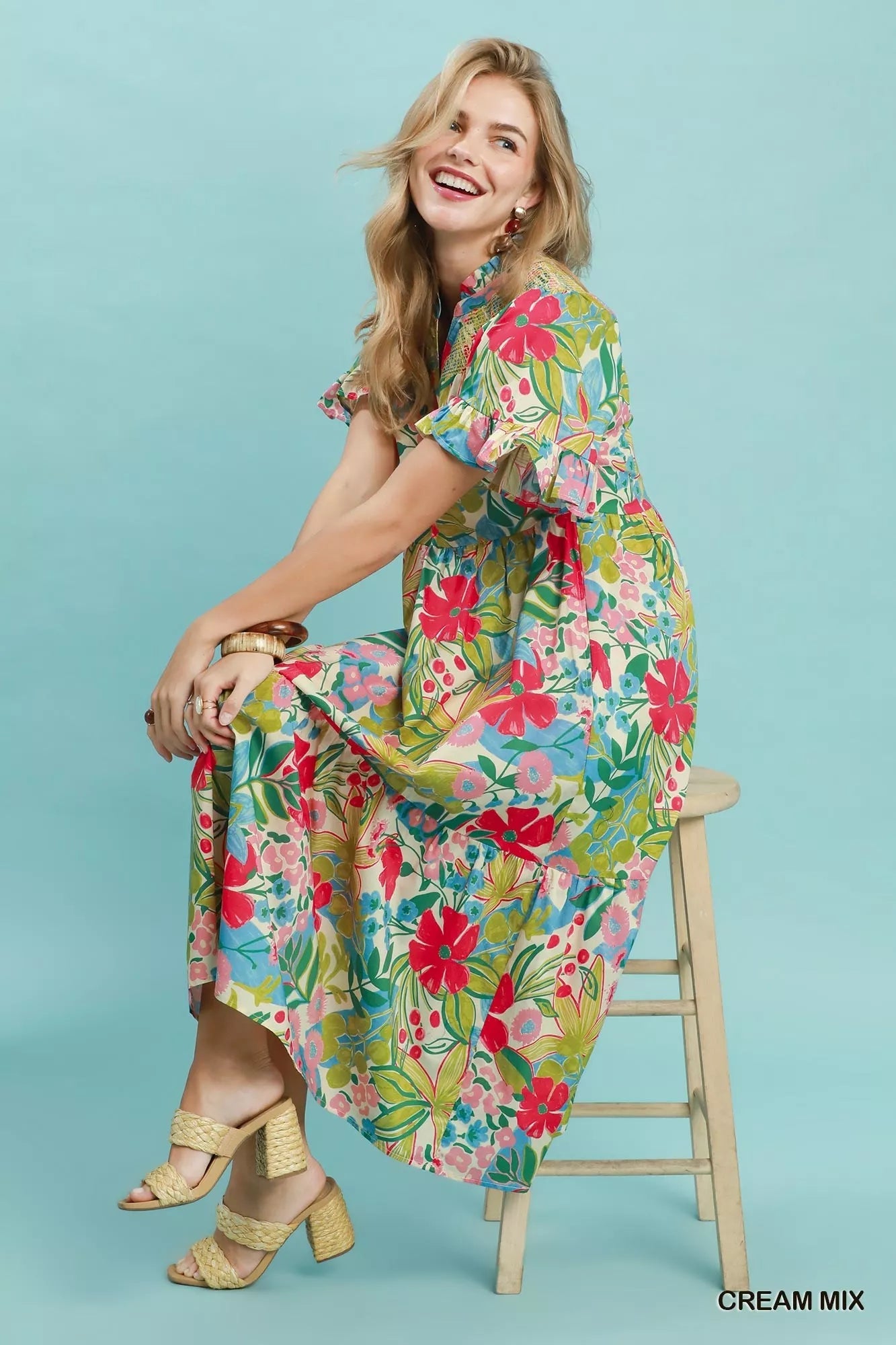 Umgee Tropical Floral Ruffle Sleeve Tiered Midi Dress - Bitsy Gypsy Boutique