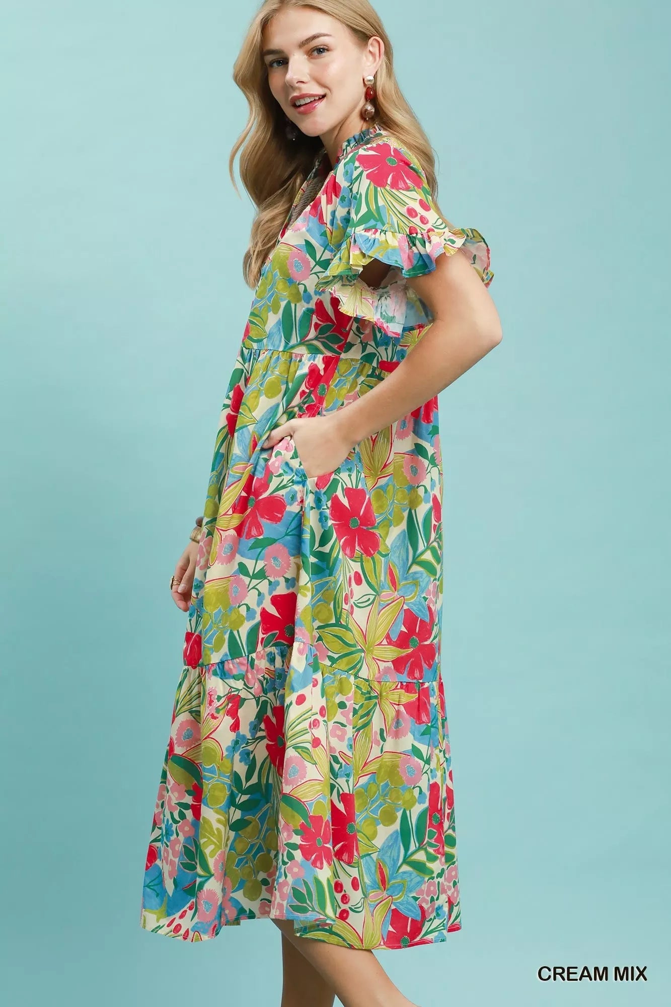 Umgee Tropical Floral Ruffle Sleeve Tiered Midi Dress - Bitsy Gypsy Boutique