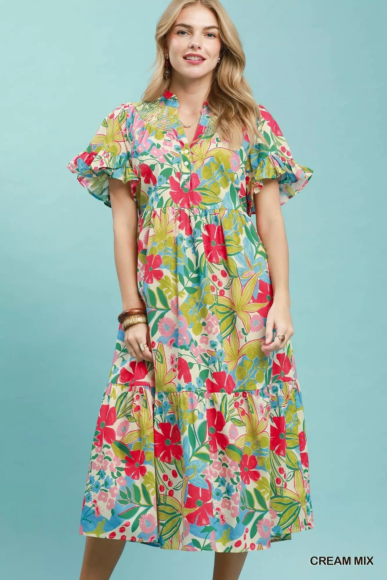 Umgee Tropical Floral Ruffle Sleeve Tiered Midi Dress - Bitsy Gypsy Boutique