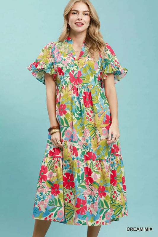 Umgee Tropical Floral Ruffle Sleeve Tiered Midi Dress - Bitsy Gypsy Boutique