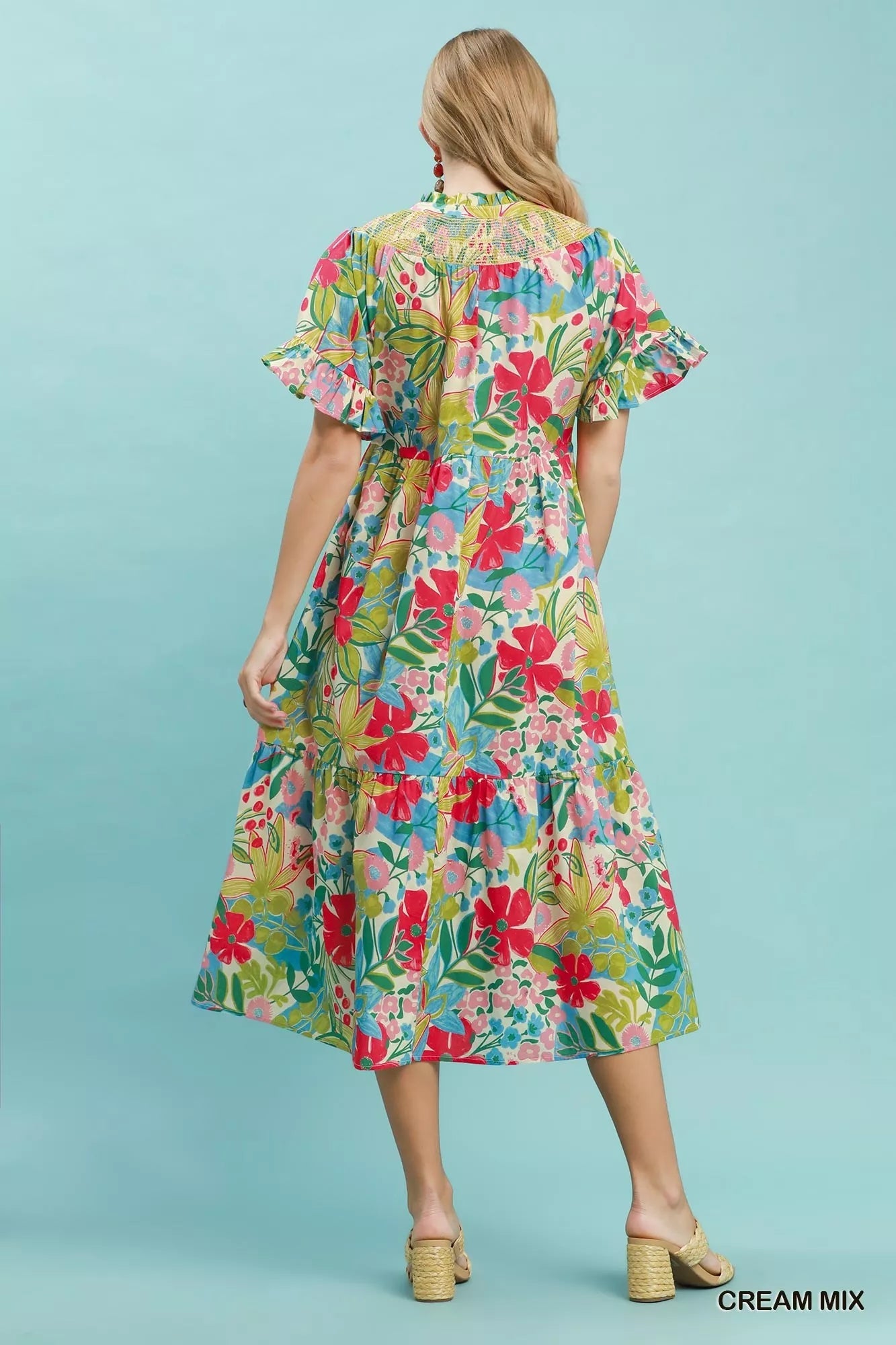 Umgee Tropical Floral Ruffle Sleeve Tiered Midi Dress - Bitsy Gypsy Boutique