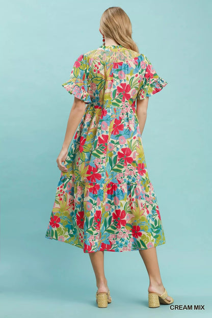 Umgee Tropical Floral Ruffle Sleeve Tiered Midi Dress - Bitsy Gypsy Boutique