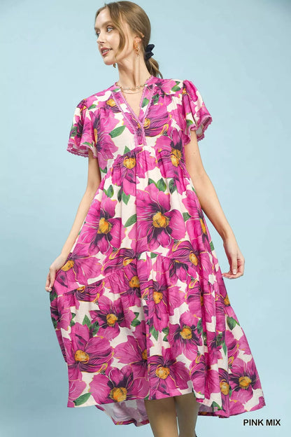 Umgee Tropical Floral V-Neck Flutter Sleeve Tiered Midi Dress - Bitsy Gypsy Boutique