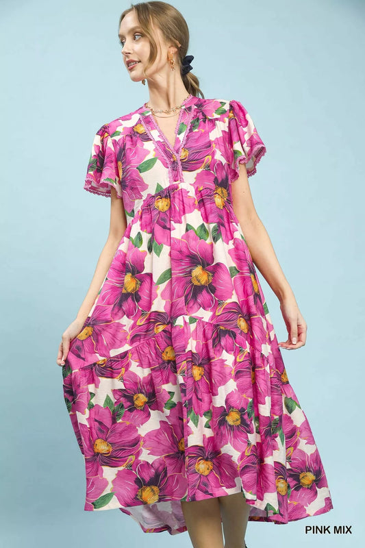Umgee Tropical Floral V-Neck Flutter Sleeve Tiered Midi Dress - Bitsy Gypsy Boutique