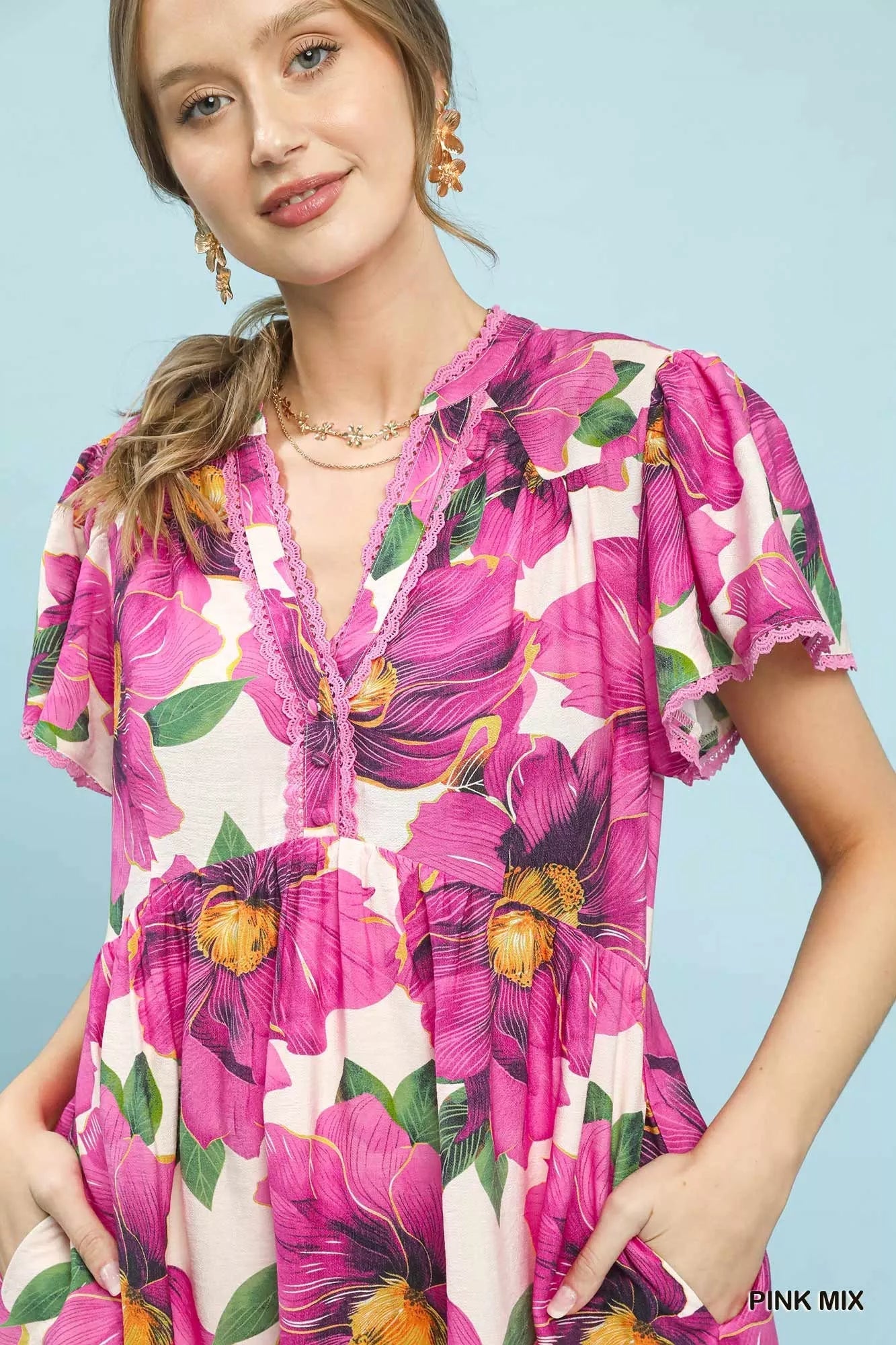 Umgee Tropical Floral V-Neck Flutter Sleeve Tiered Midi Dress - Bitsy Gypsy Boutique