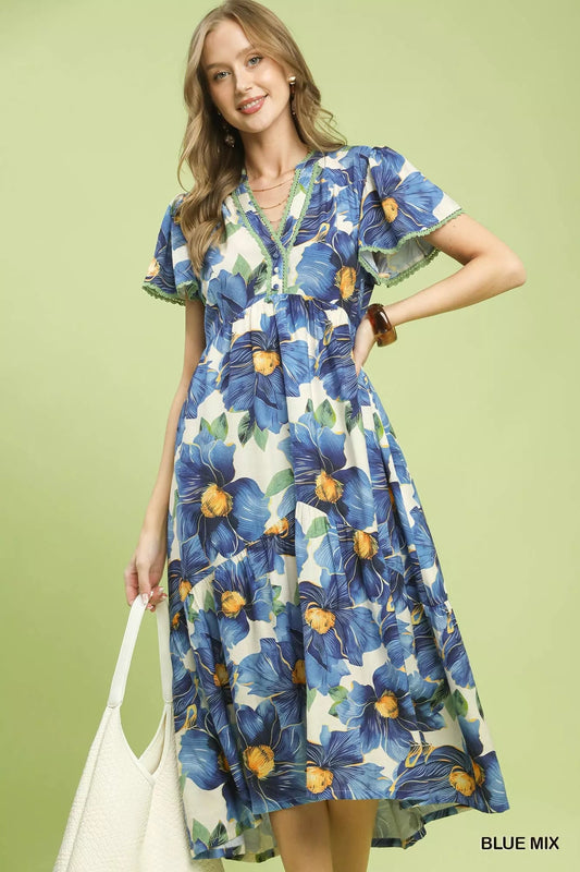 Umgee Tropical Floral V-Neck Flutter Sleeve Tiered Midi Dress - Bitsy Gypsy Boutique