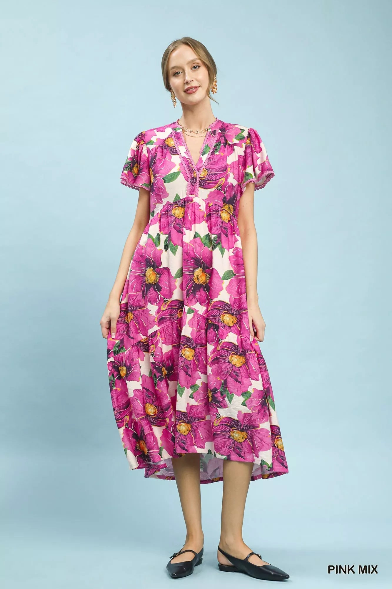 Umgee Tropical Floral V-Neck Flutter Sleeve Tiered Midi Dress - Bitsy Gypsy Boutique