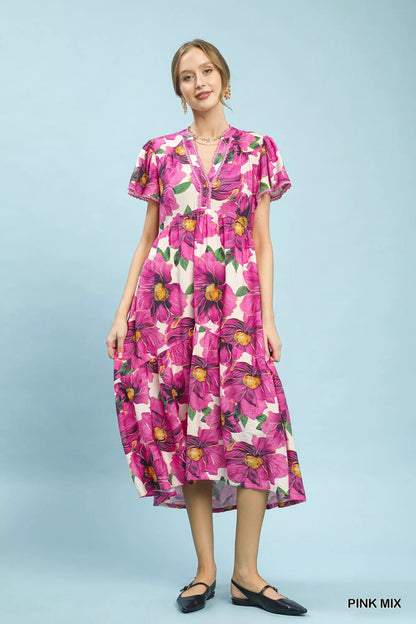 Umgee Tropical Floral V-Neck Flutter Sleeve Tiered Midi Dress - Bitsy Gypsy Boutique