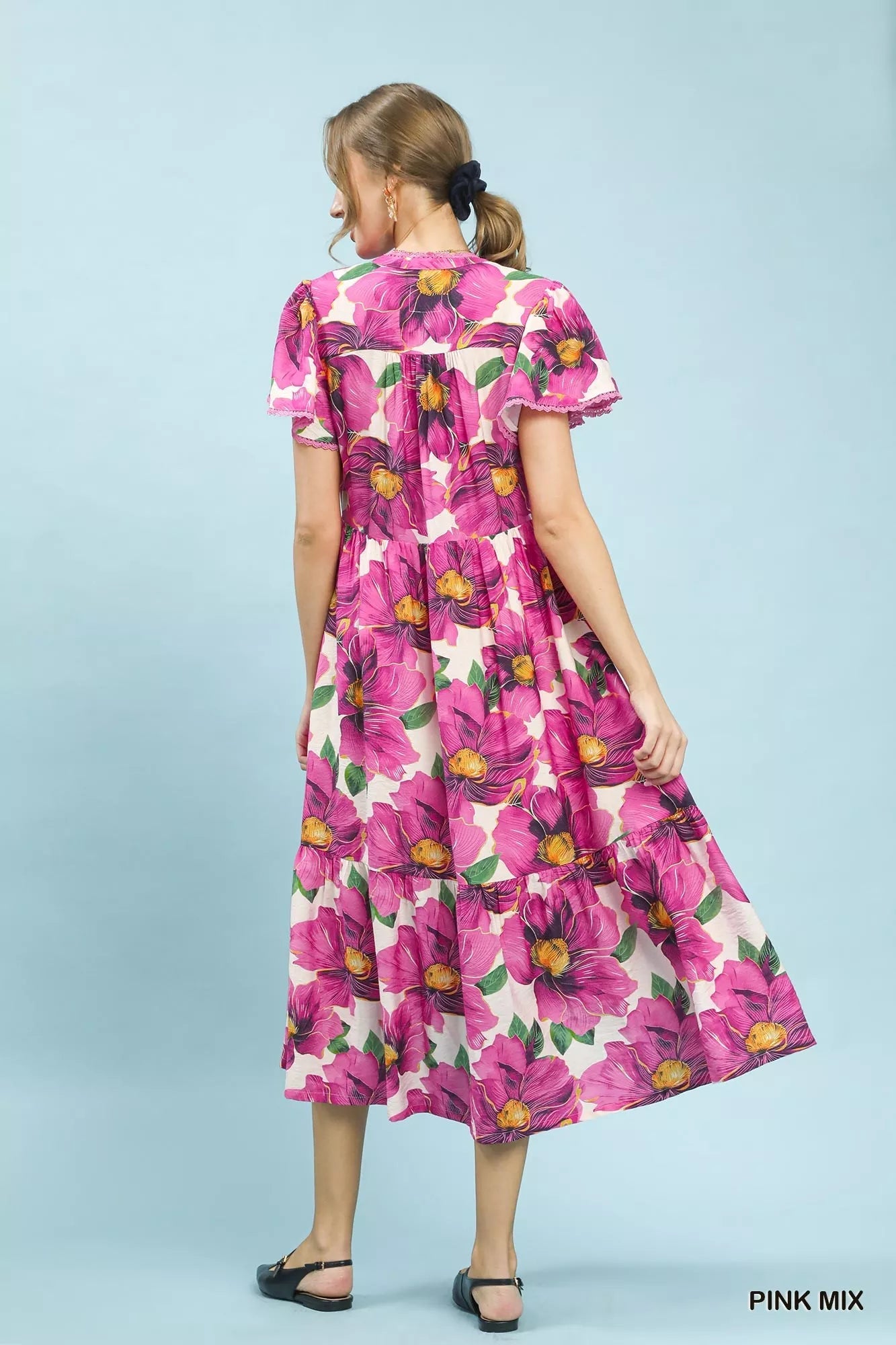 Umgee Tropical Floral V-Neck Flutter Sleeve Tiered Midi Dress - Bitsy Gypsy Boutique