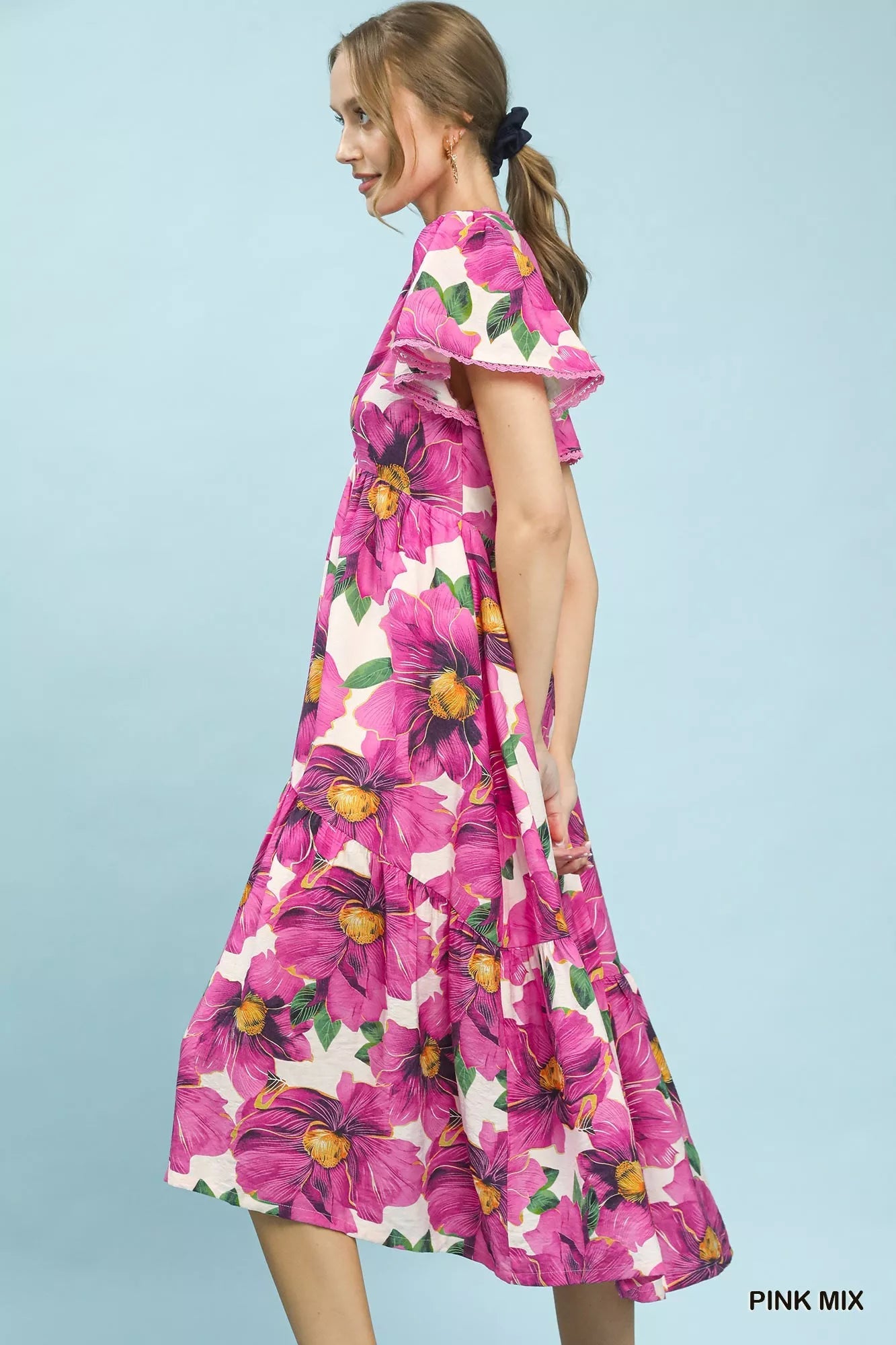 Umgee Tropical Floral V-Neck Flutter Sleeve Tiered Midi Dress - Bitsy Gypsy Boutique