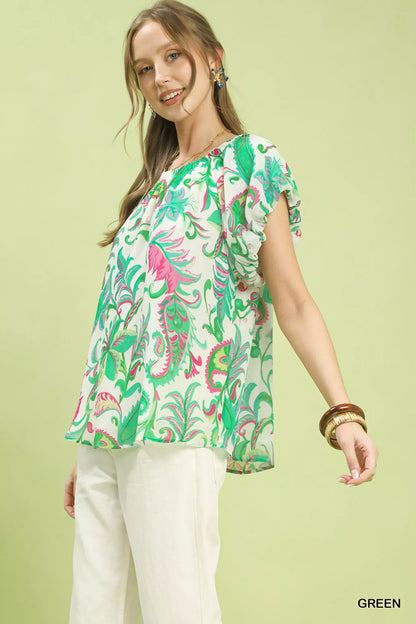 Umgee Tropical Paisley Puff Sleeve Blouse - Bitsy Gypsy Boutique