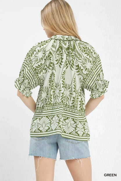 Umgee Two Tone Boarder Print Top - Bitsy Gypsy Boutique