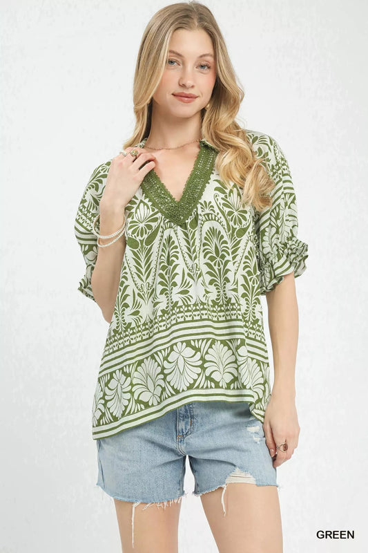 Umgee Two Tone Boarder Print Top - Bitsy Gypsy Boutique