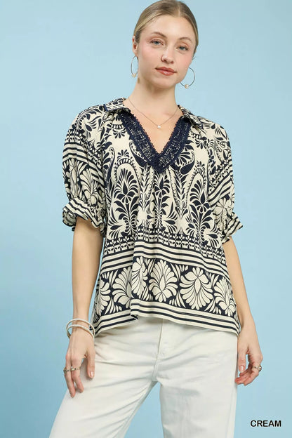 Umgee Two Tone Boarder Print Top - Bitsy Gypsy Boutique